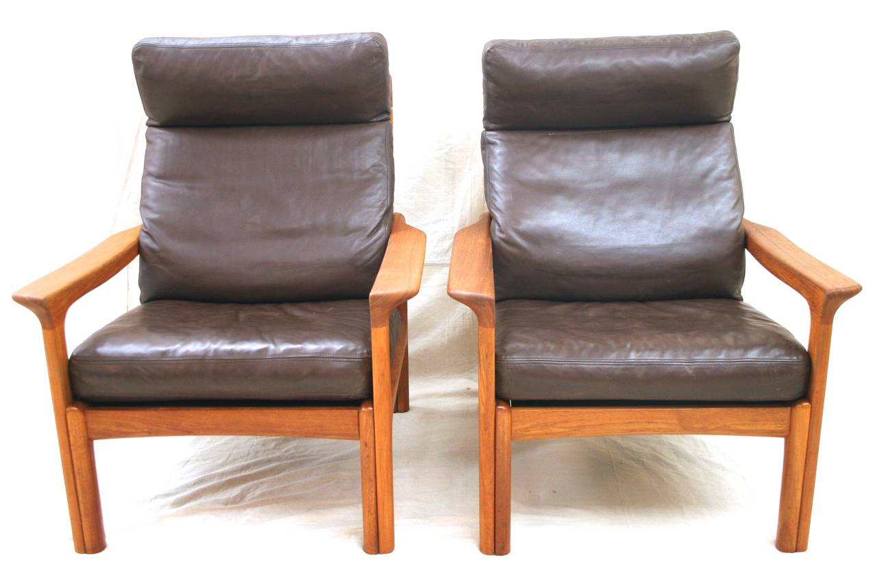 Pair of Teak and Leather Danish Modern High Back Lounge Chairs, circa 1970 For Sale 1