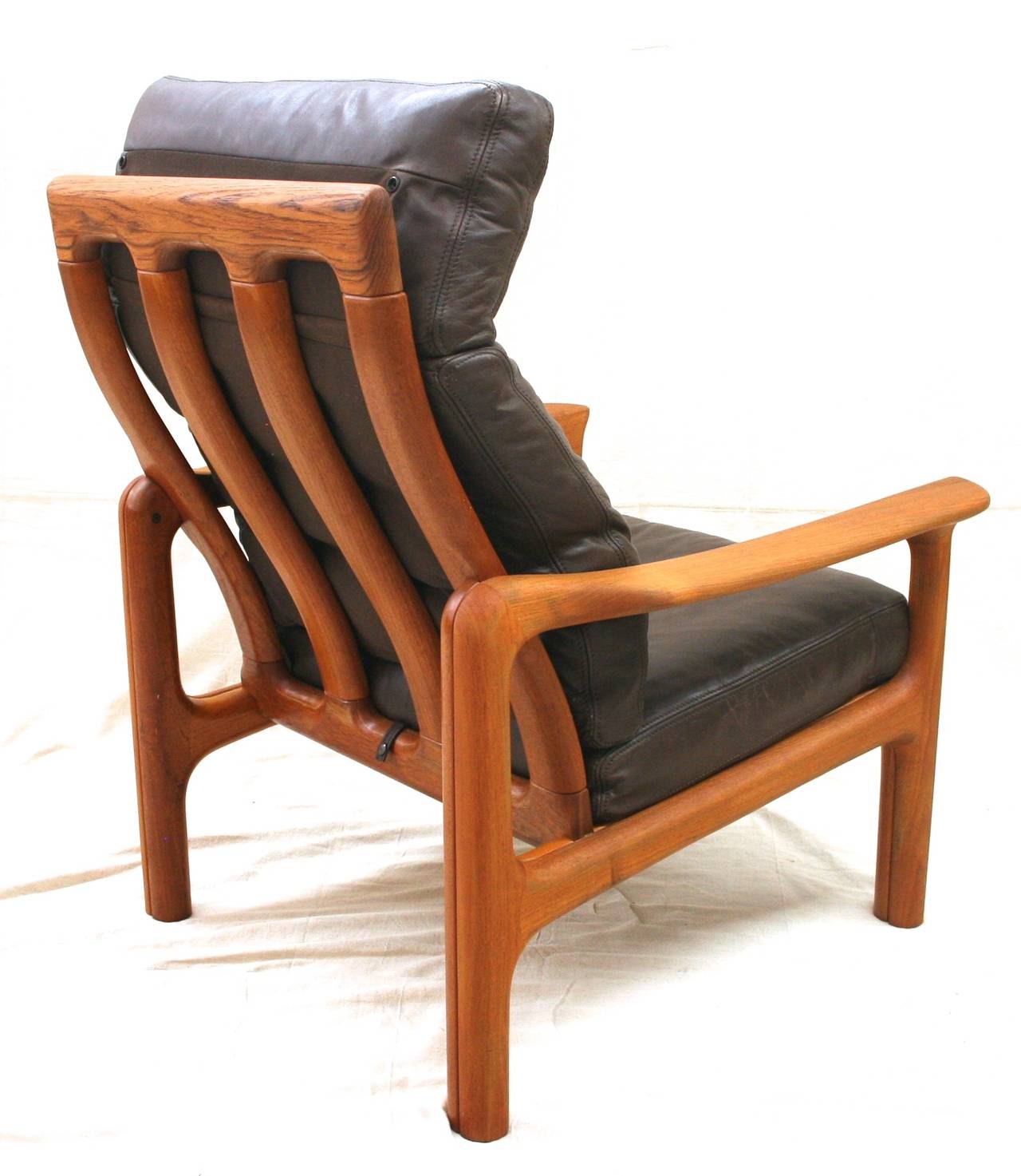 Mid-Century Modern Pair of Teak and Leather Danish Modern High Back Lounge Chairs, circa 1970 For Sale