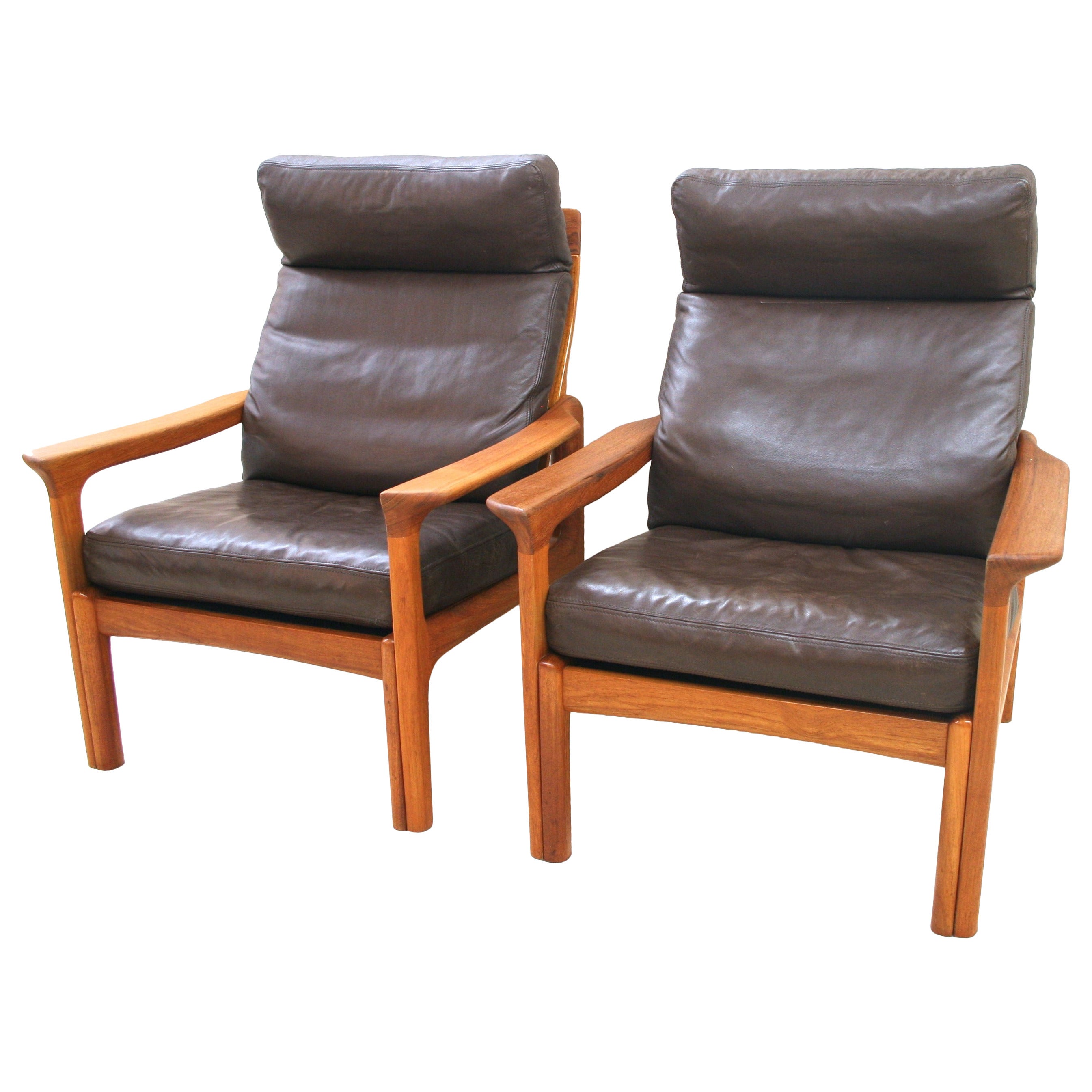Pair of Teak and Leather Danish Modern High Back Lounge Chairs, circa 1970 For Sale