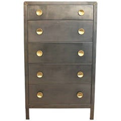 Tall Burnished Metal Chest with Brass Pulls, Norman Bel Geddes Style, circa 1950