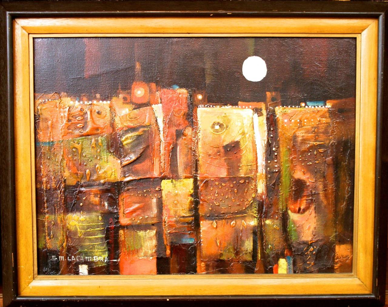Beautiful painting by S.M. Lacambra executed in oil paint and fiberglass. Textured contours and textures rise from the canvas to create striking figures in organic earth tones. Bright full moon in the background is the finishing touch to complete