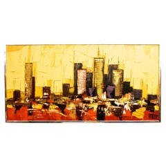 Mid-Century Modern Abstract Houston Skyline Oil Painting by Rabby
