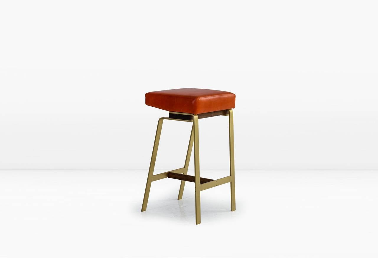 Gavilan Barstool, Solid Brass Base with Walnut Details and Orange