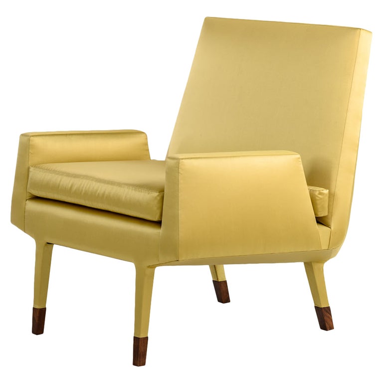 Angott Club Chair or Armchair, Walnut Sabot in Gold Silk, Cotton Satin, COM/COL For Sale