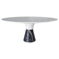 Demarco Dining Table with Solid Hewn White Marble Top and Black Marble Base