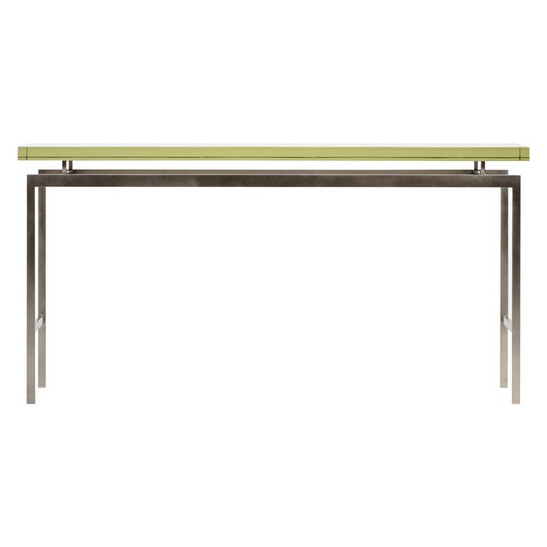 Duran Console or Sofa Table with Thick Mirrored Pyrex Glass Top and Nickel Base For Sale