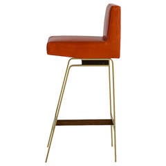 Gavilan Barstool with Back, Solid Brass Base with Walnut Details, Orange Leather