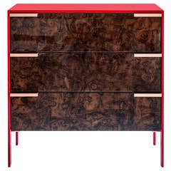 Johansson Cabinet in Red Lacquered Aluminium and Walnut Burl with Copper Pulls 12