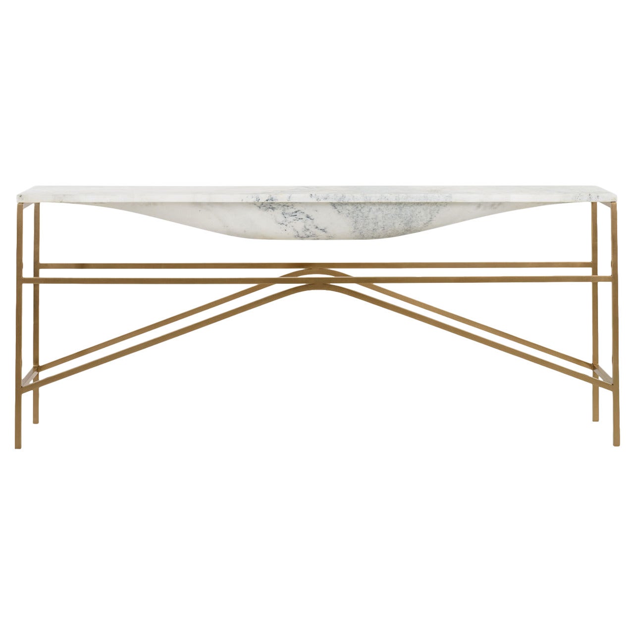 Overlin Console or Sofa Table in Solid Hewn Marble with Silicon Bronze Base
