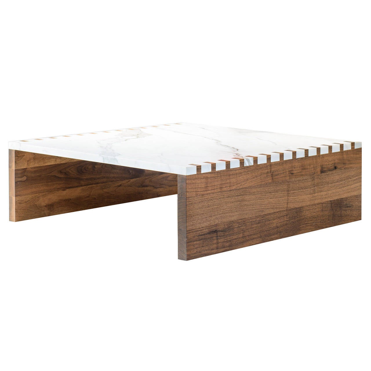 Zaragosa coffee table in Calacatta marble with walnut sides and box joint detail, new, offered by KGBL