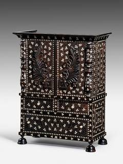 Anglo-Indian Miniature Carved Ebony and Ivory-Inlaid Secretaire Cabinet