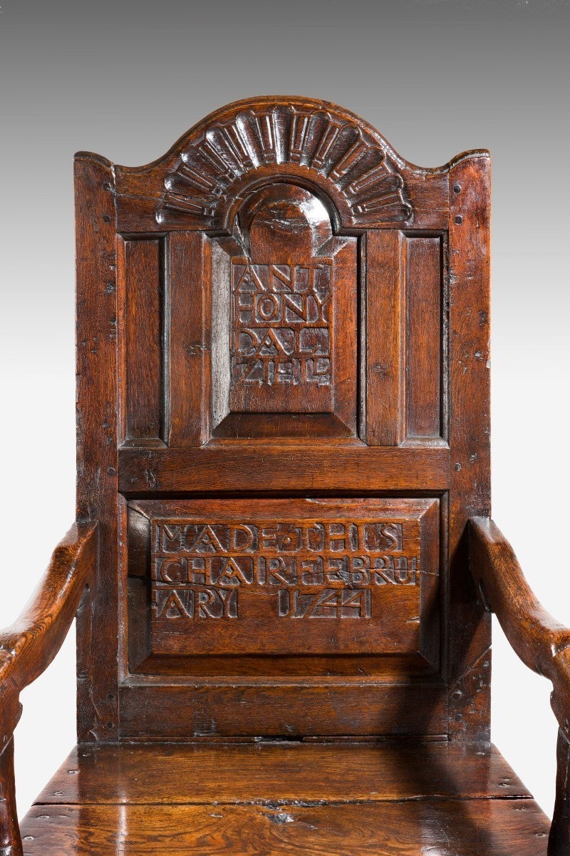 By Anthony Dalziell

Carved inscription on the back panel: ‘Anthony Dalziell made this chair February 1744’. 

This chair is in the tradition of the oak chairs made by the Aberdeen Incorporated Trades, which are discussed in David Learmont’s