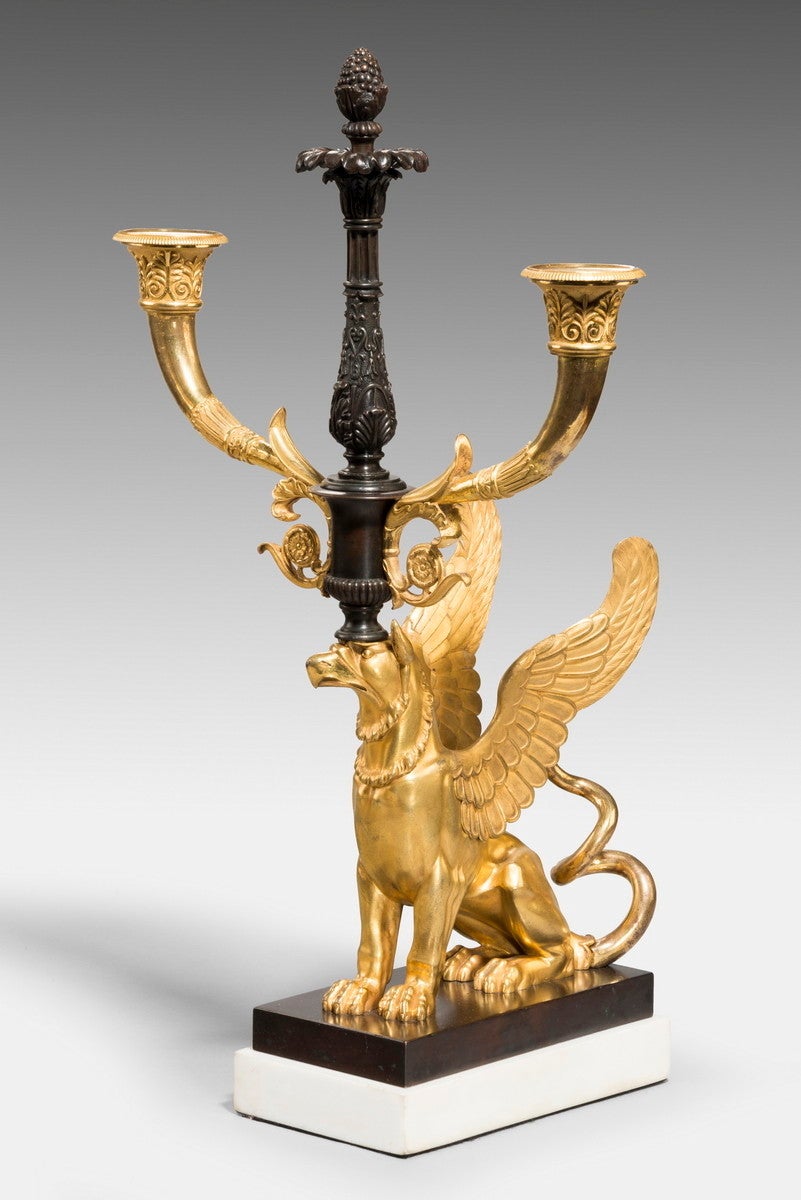 Pair of Rare Regency Ormolu and Bronze Twin Branch “Griffin” Candelabra