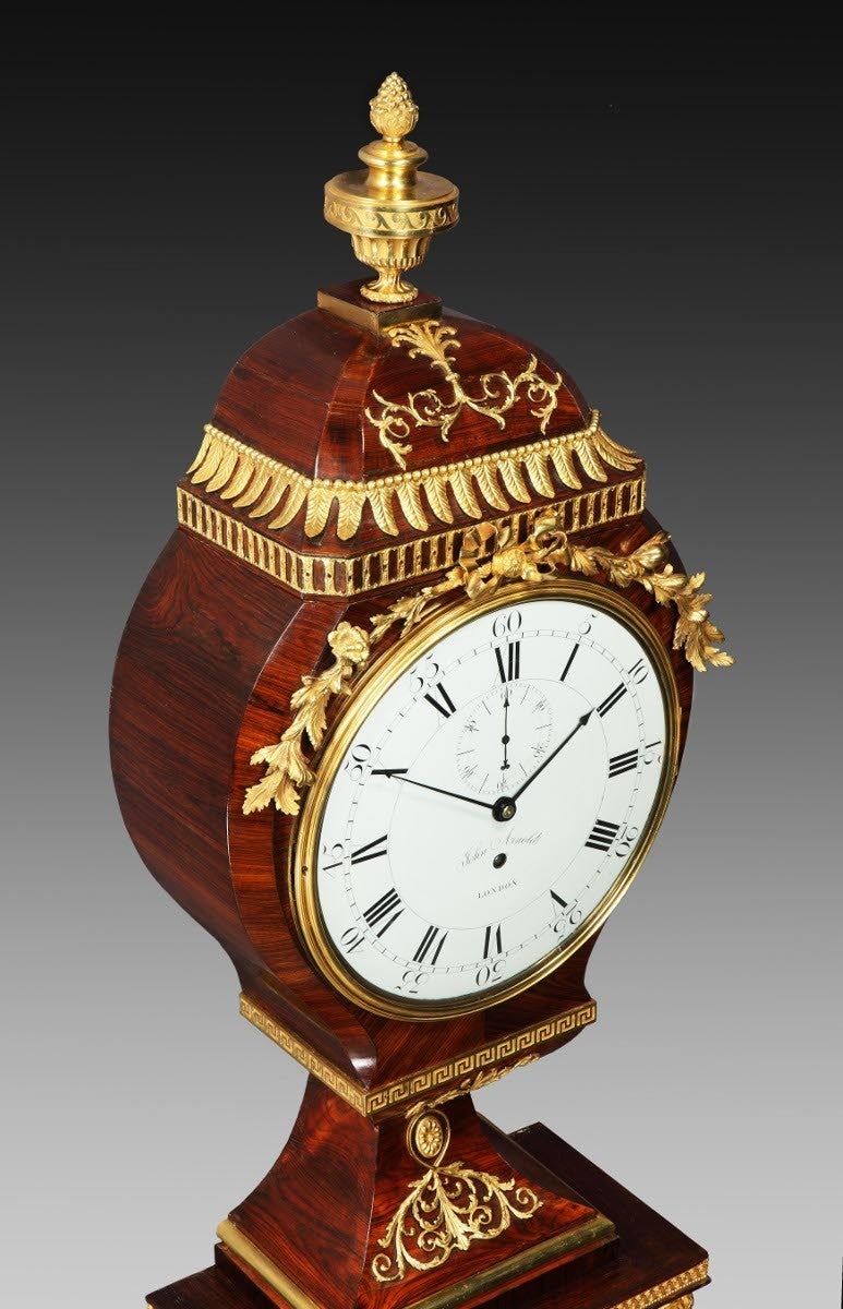 Probably made for the Court of Catherine the Great. 

Provenance and History: The Russian Connections: Working backwards from the present day we know from the von Taube family that this extraordinary clock was in the possession of the von Taube