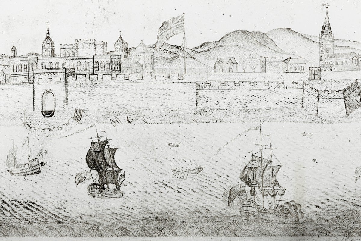 Indian 18th Century Etched Mirror Picture Depicting Fort St. George, Port of Madras