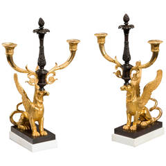 Pair of Rare Regency Ormolu and Bronze Twin Branch “Griffin” Candelabra