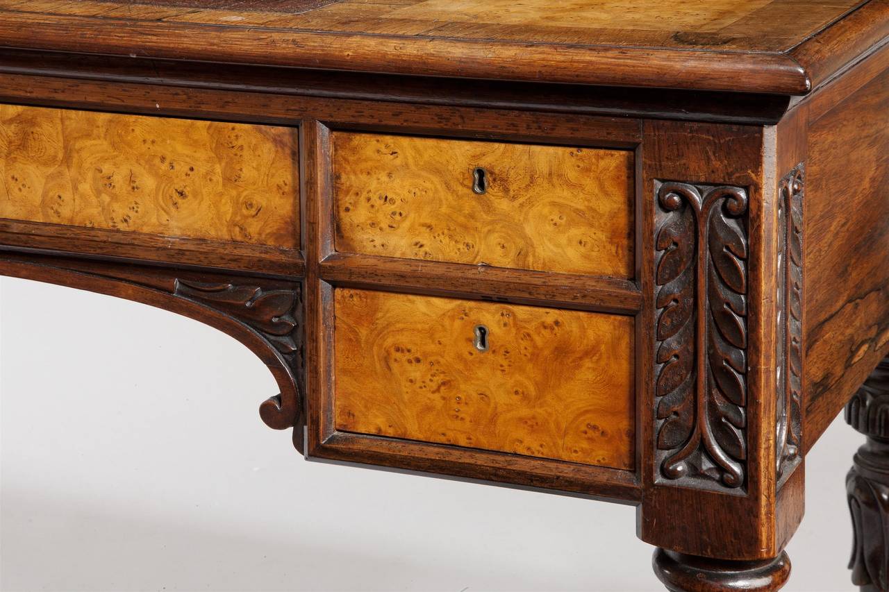 George IV Burr Elm and Rosewood Writing Table In Good Condition For Sale In Sutton Coldfield, GB