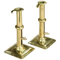 Antique Pair of Square Base Brass Candlesticks with Slide Ejectors