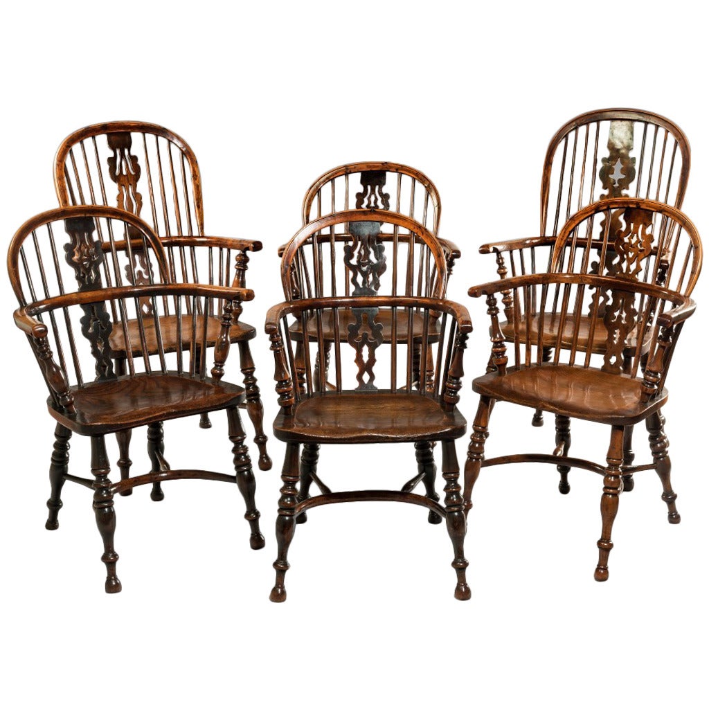 Harlequin Set of Six 19th Century Yew Wood Windsor Chairs