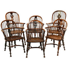 Antique Harlequin Set of Six 19th Century Yew Wood Windsor Chairs