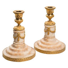 Antique Pair of Alabaster and Ormolu Candlesticks by Matthew Boulton