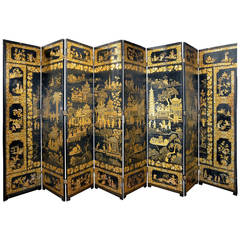 Early 19th Century Chinese Black Lacquer Export Folding Screen