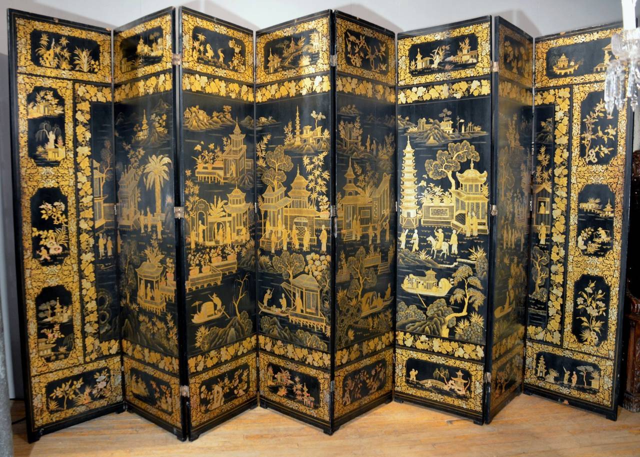 Early 19th Century Chinese Black Lacquer Export Folding Screen In Excellent Condition In London, GB