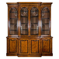 Antique 19th Century Four Door Breakfront Burr Walnut Bookcase with Ebony Molding