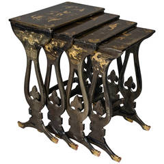 Antique Set of Four Black Lacquered Nesting Tables