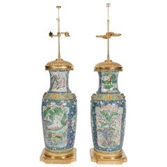 Pair of Large Oriental Lamps on Gilt Ormolu Bases