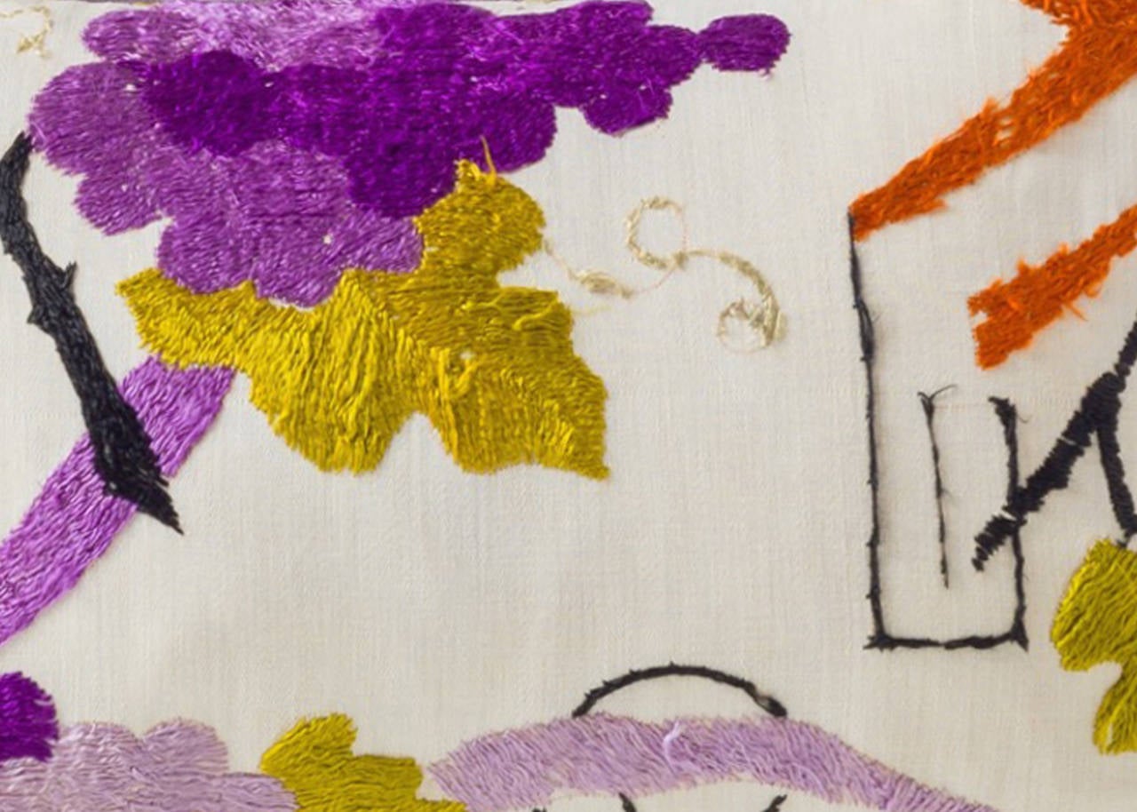 1920s Silk Floss on Cotton, Purple, Green, Lavender Lumbar Pillow