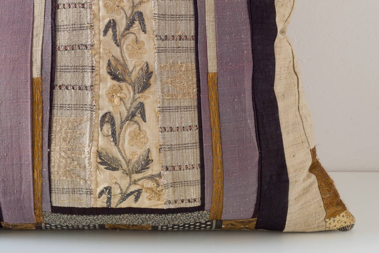 Mixed Piecework European Embroidery Pillow In Excellent Condition In Los Angeles, CA