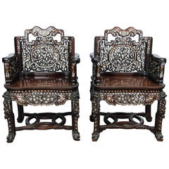 Antique Pair of 19th Century Chinese Hardwood Armchairs