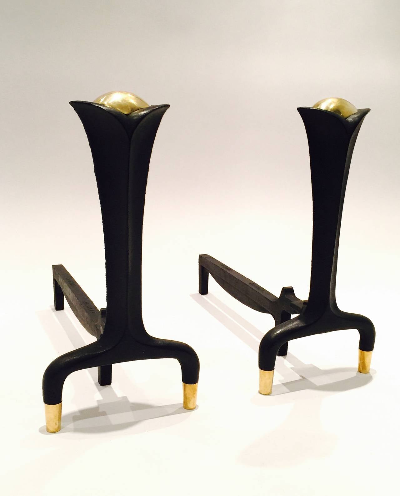 Pair Of Iron and Brass Andirons Designed By Donald Deskey For Bennett