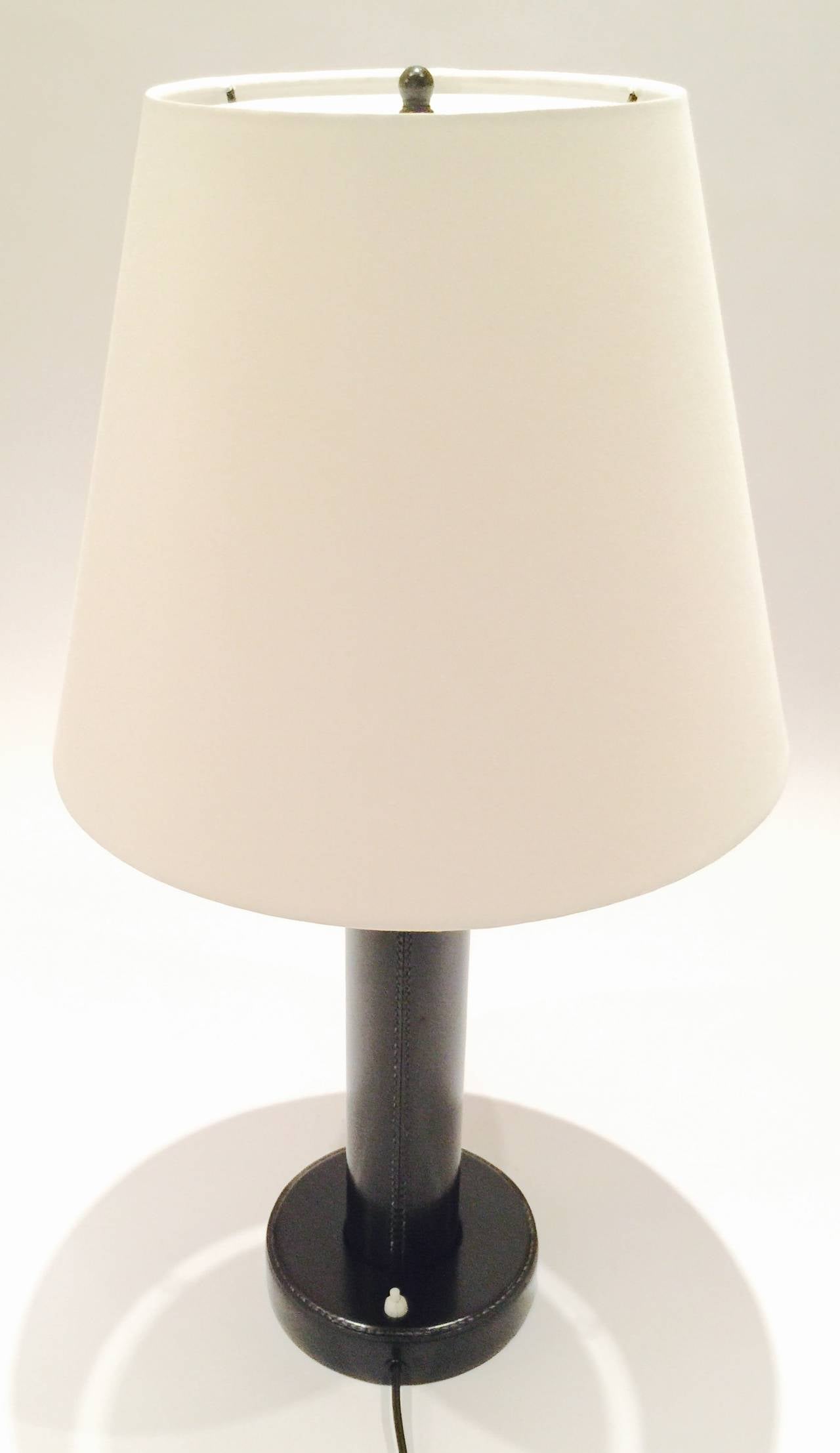 A Black Leather Lamp With Stitching Branded 'VENDEL.Graveur, Paris'.  Includes New Custom Shade As Pictured