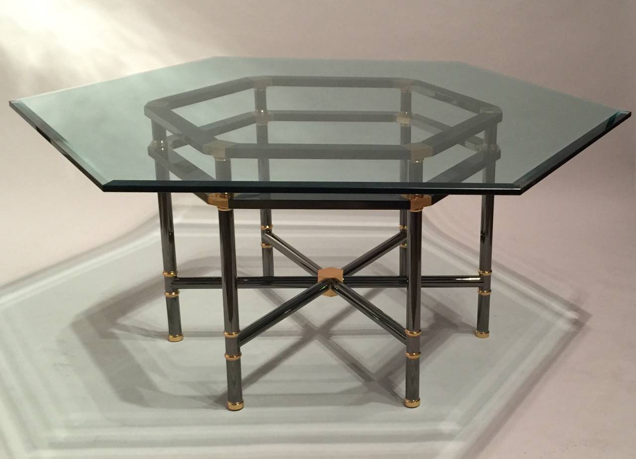 A Karl Springer 'Hexagonal-Jansen Style Dining Table Base' And Beveled Glass Top.  Finished In Gunmetal With Golden Brass Detailing.  Accompanied By A Letter Of Authentication.  Glass Top is 69