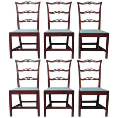 Antique Set of Six Chippendale Cherry Ribbon-Back Dining Chairs, New England