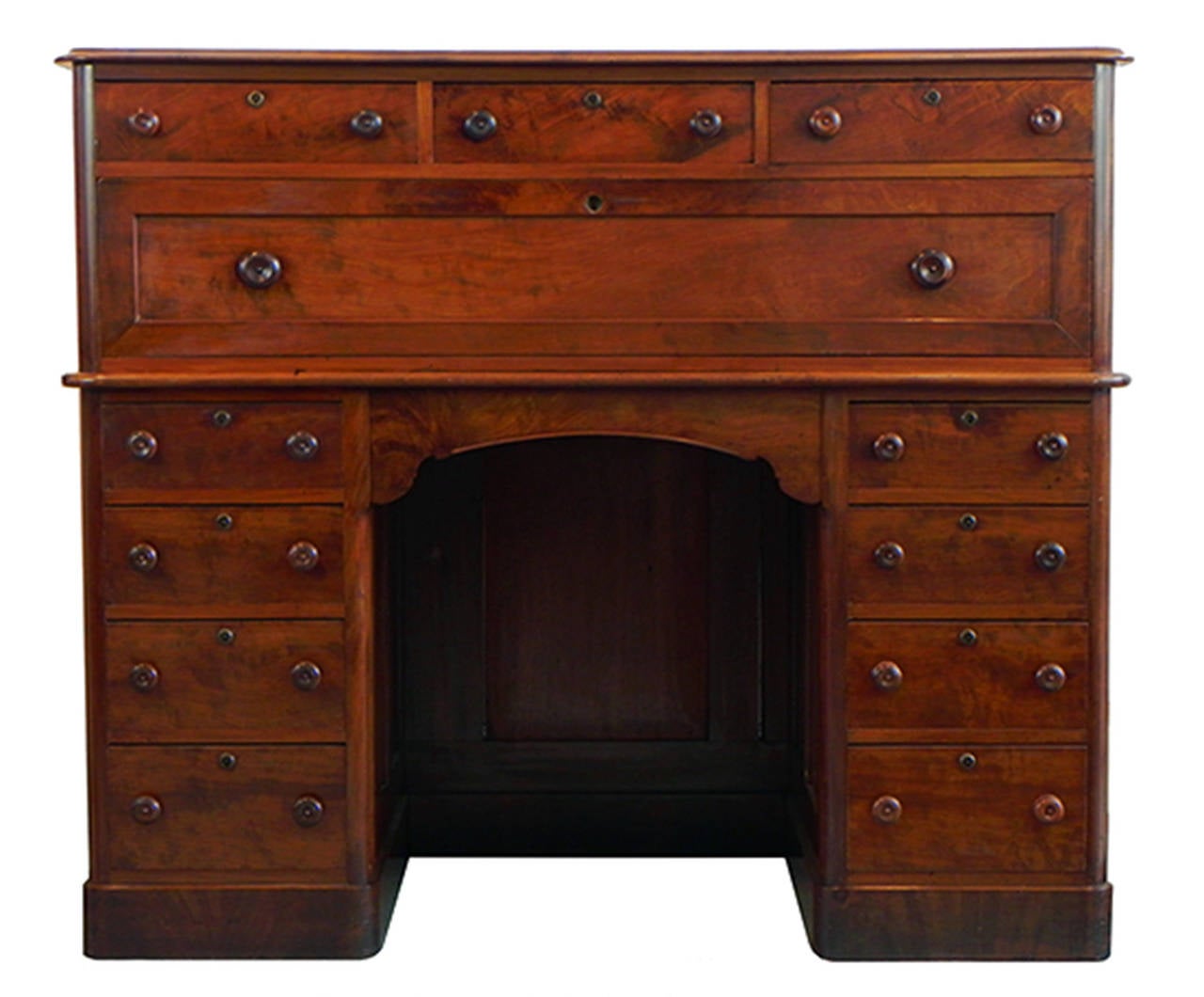 This unique mahogany pedestal base secretary or desk was described in an ad by Smith as “bank and counting room furniture” and is a rare example of the Boston Empire style. This desk belonged to whaling financier, Charles W. Morgan of New Bedford,