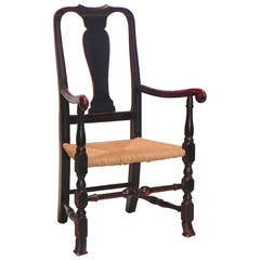 Queen Anne Paint Decorated Maple Rush Seat Spanish Foot Armchair, Massachusetts