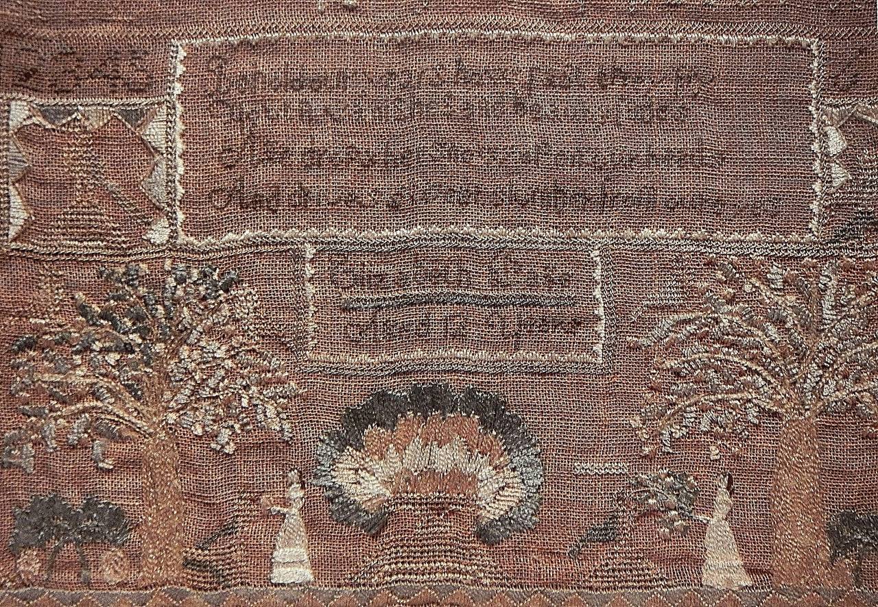 This North Shore needlework sampler done by twelve year old Elizabeth Page, born circa 1791 in Newburyport, has characteristic motifs of the Newburyport area school and features the verse:

“Behold our years how fast they fly
Youth vanishes and