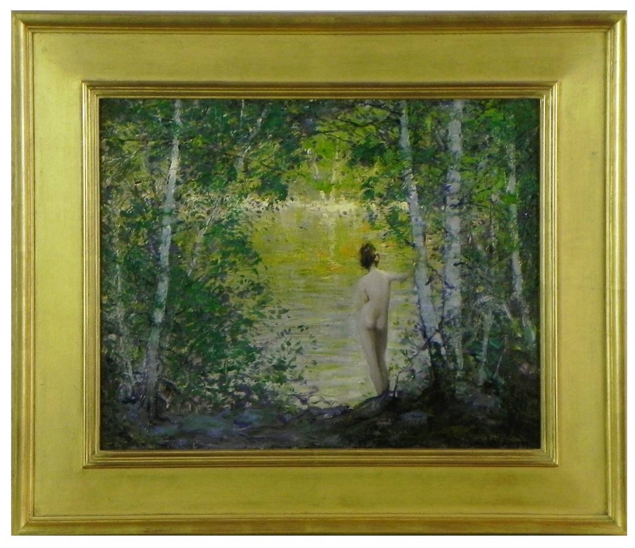 A wonderful example of American Impressionism by renowned New England landscape painter, Emile Gruppe (1896-1978). This is one of his earlier works of a nude by a woodland pond, showcasing Gruppe's talent for moving the observer's eye from
