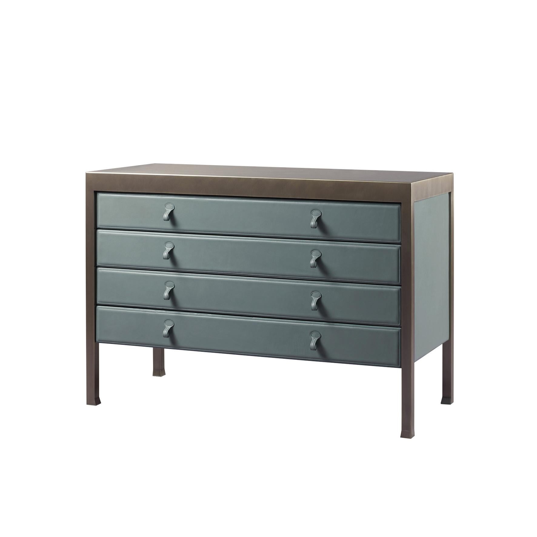 For Sale: Green (smooth leather verde lago.jpg) Promemoria Gong Chest of Drawers in Leather and Bronze by Romeo Sozzi