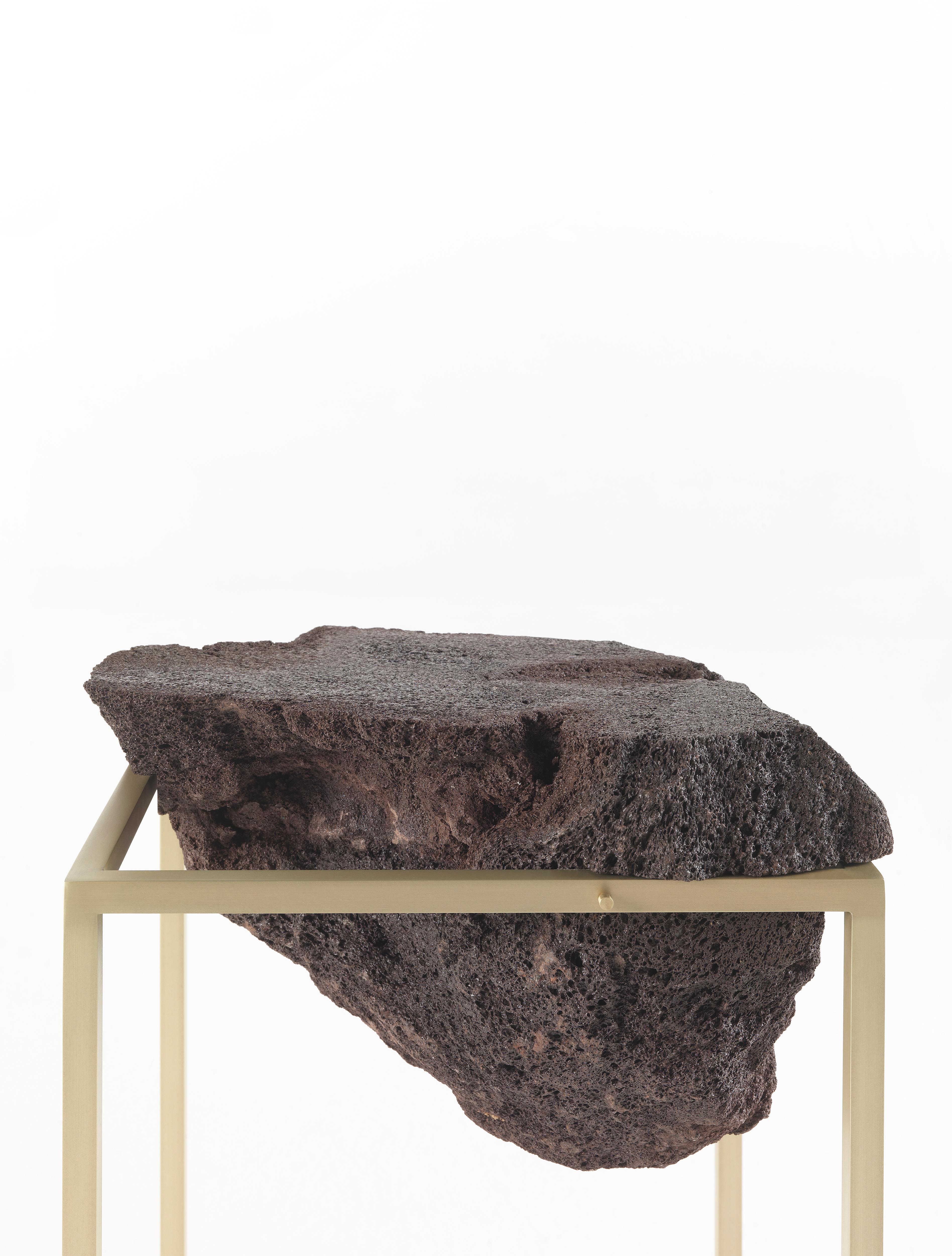 For Sale: Yellow (Brass) 21st Century Antivol Small Side Table in Brass and Natural Lava Stone by CTRLZAK 3