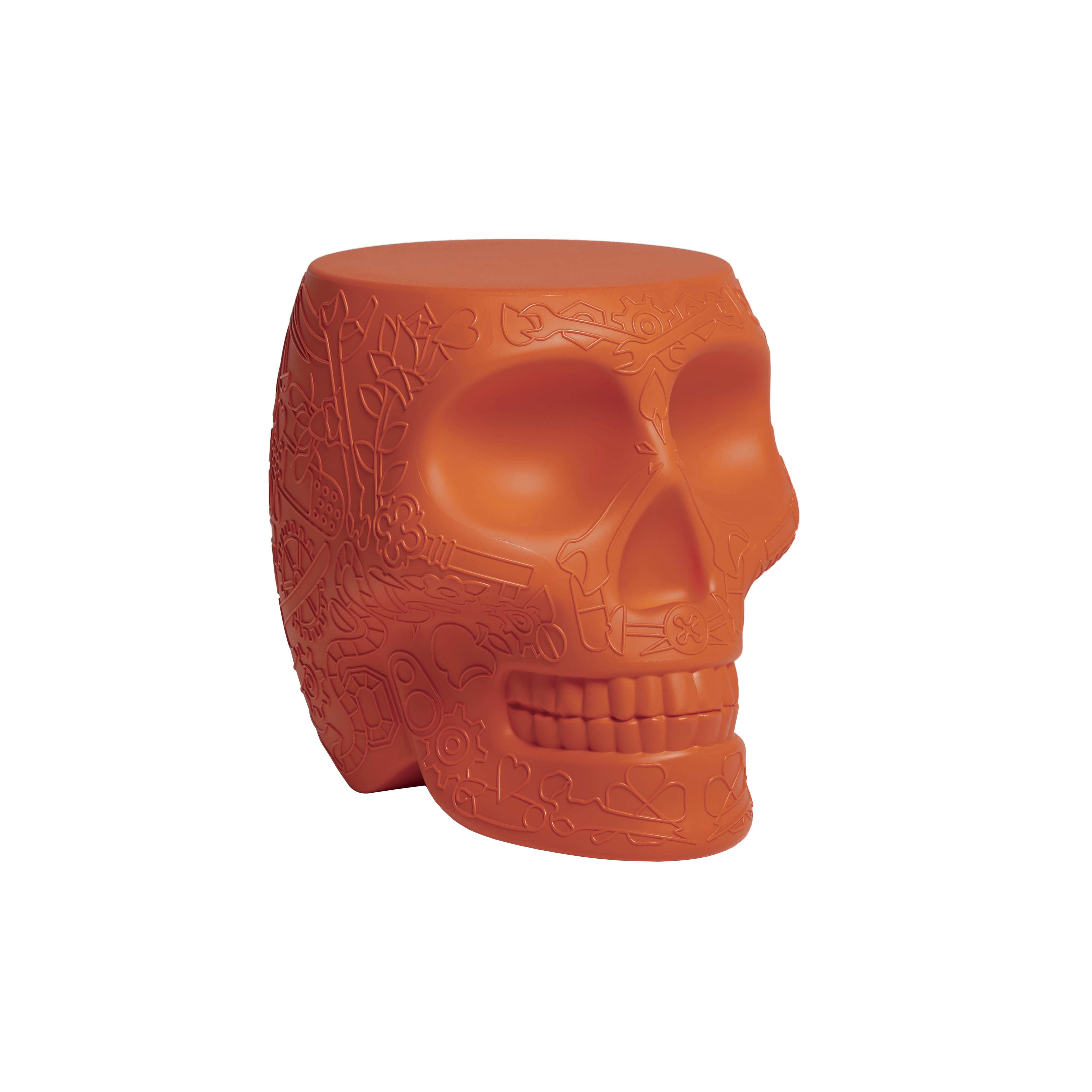 For Sale: Orange (Terracotta) Modern Mexican Calavera Skull Black Green Terracotta or White Stool Side Table 2