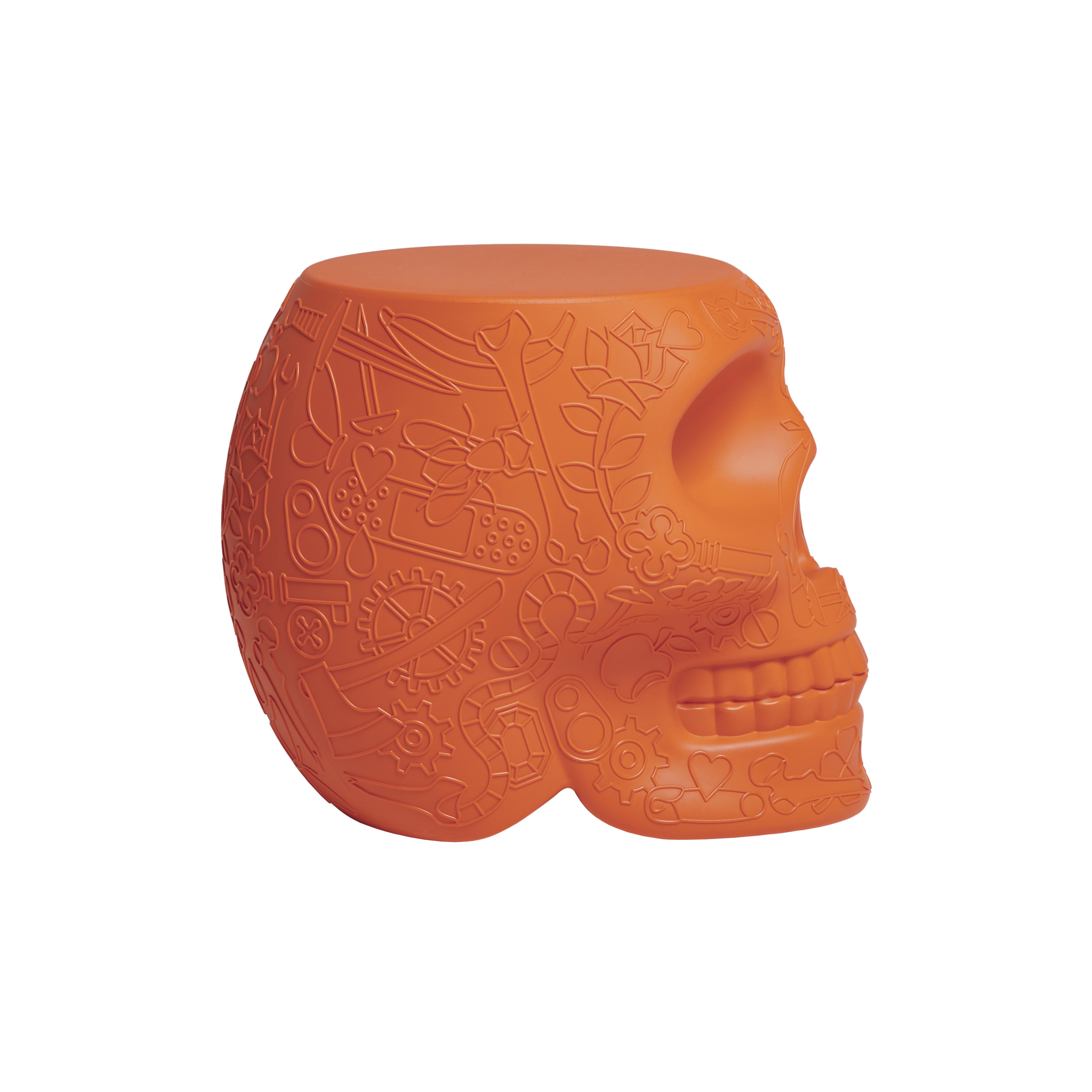 For Sale: Orange (Terracotta) Modern Mexican Calavera Skull Black Green Terracotta or White Stool Side Table 3