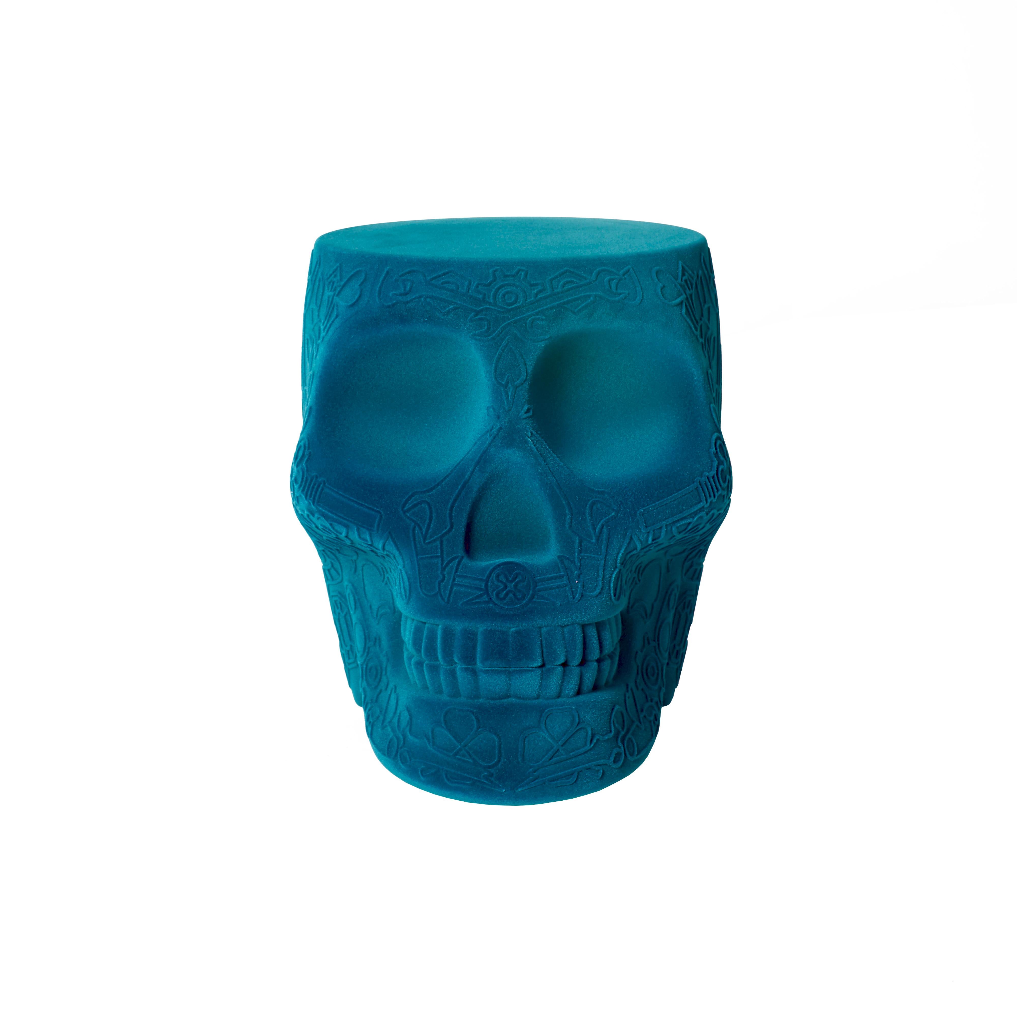 Blue (Light Blue) Modern Velvet Mexican Calavera Skull Stool or Side Table By Studio Job