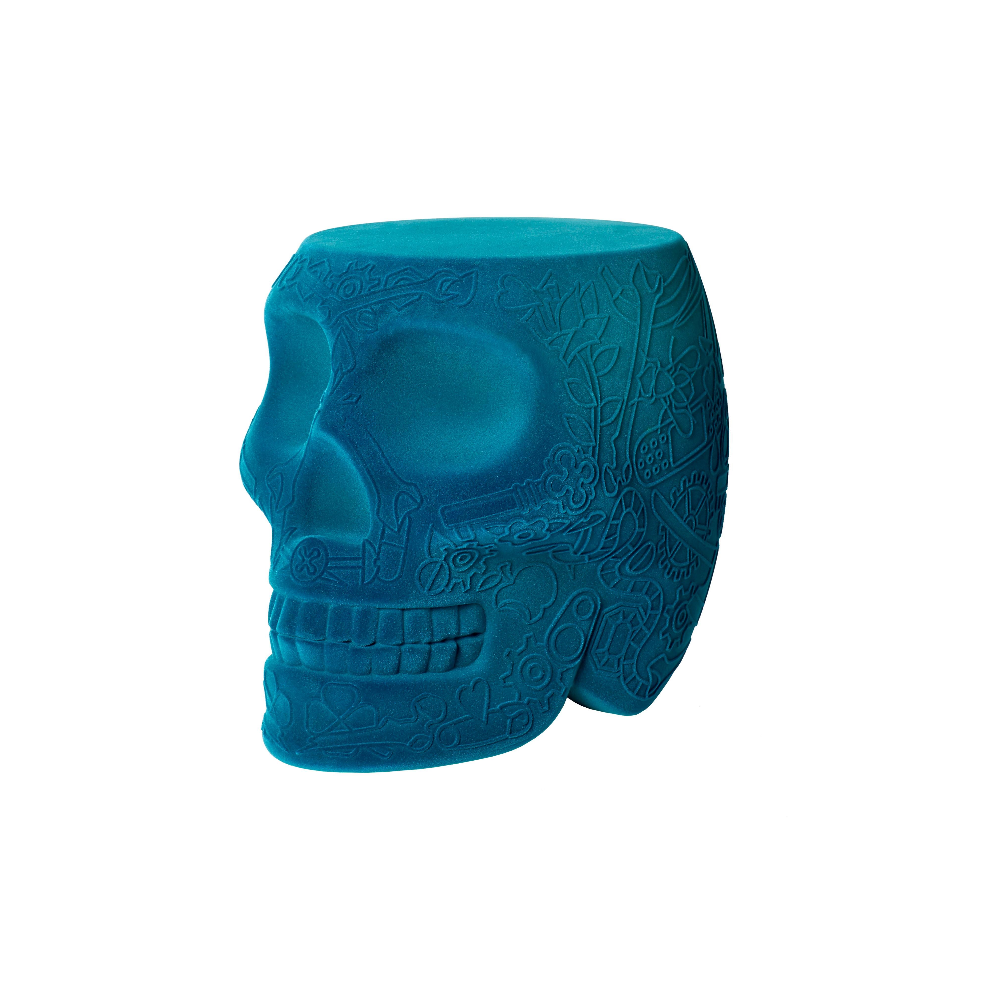 Blue (Light Blue) Modern Velvet Mexican Calavera Skull Stool or Side Table By Studio Job 2