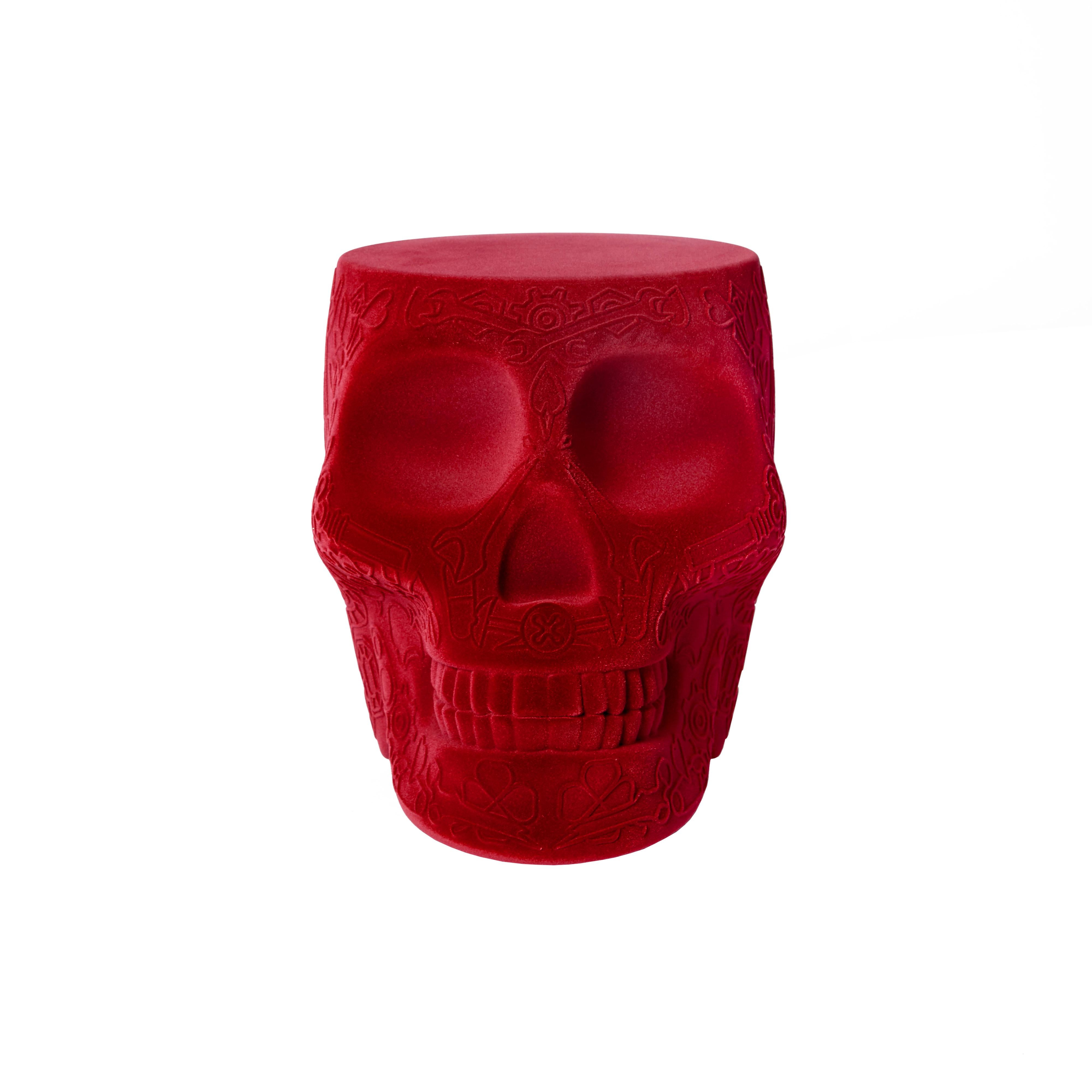 Red Modern Velvet Mexican Calavera Skull Stool or Side Table By Studio Job