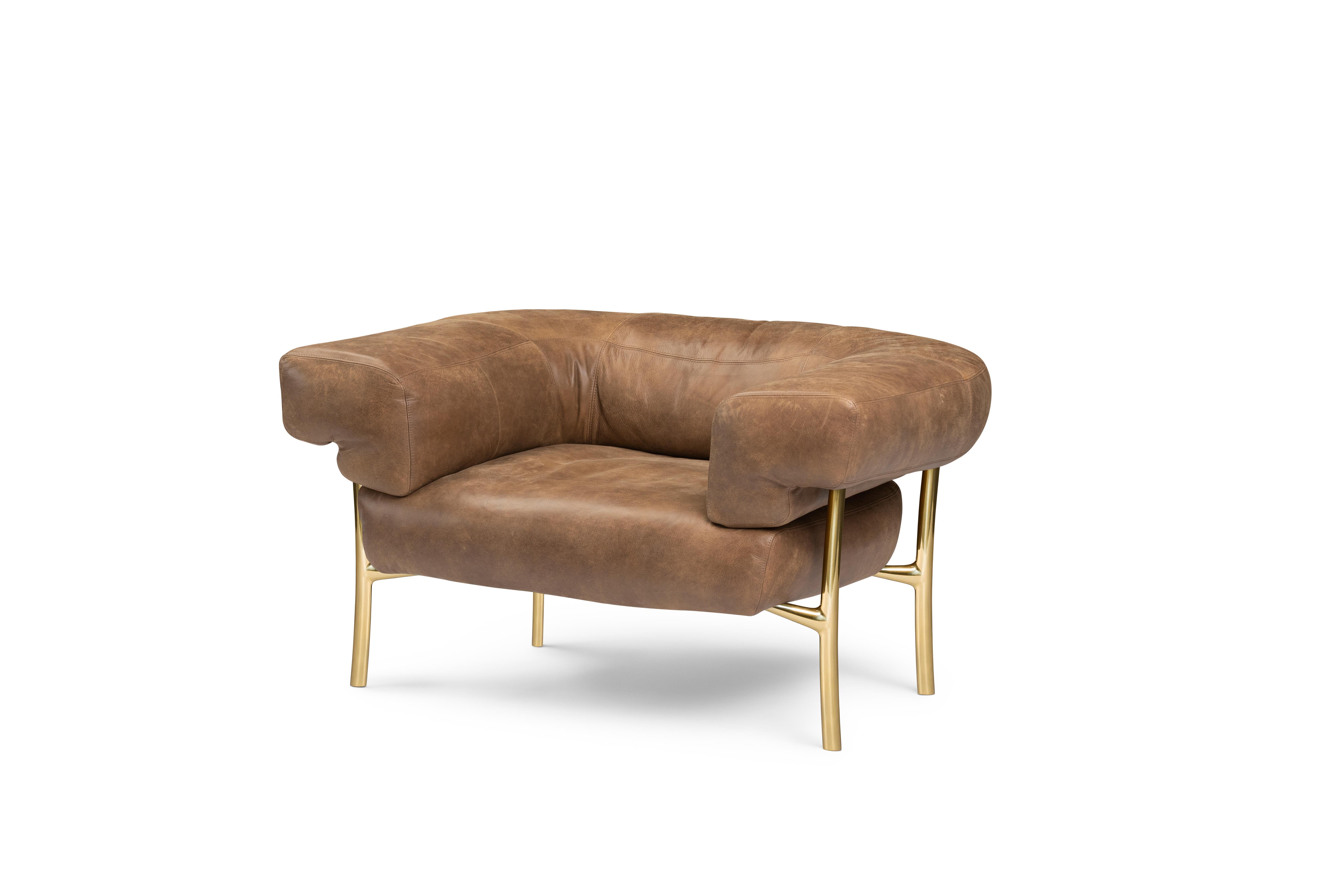 For Sale: Brown (610) Ghidini 1961 Katana Lounge Chair in Leather & Polished Brass by Paolo Rizzatto 2