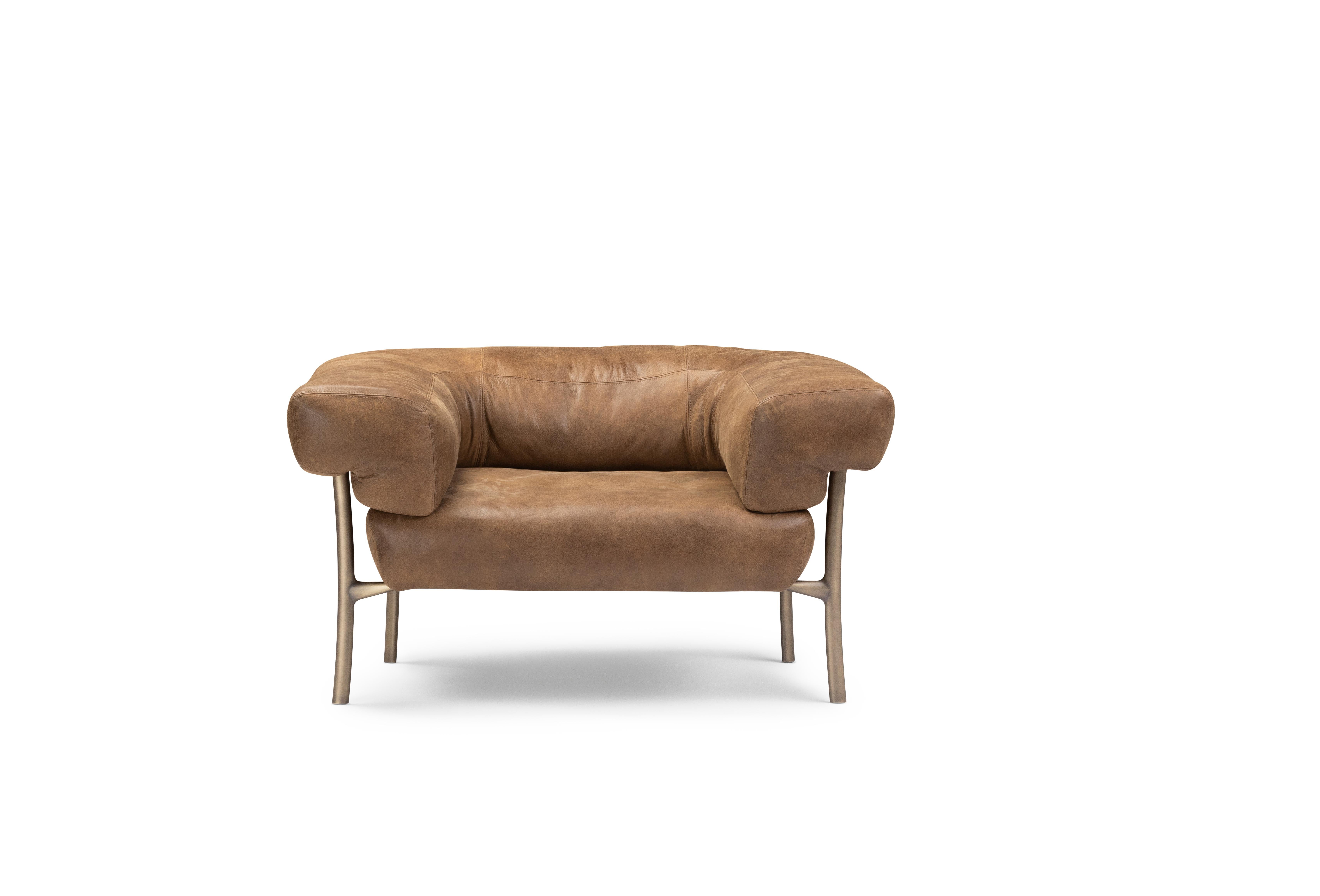 For Sale: Brown (610) Ghidini 1961 Katana Lounge Chair in Leather and Burnished Brass, Paolo Rizzatto 2